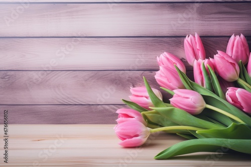 Pink Tulips on wooden table Spring Background with Copy Space Generative Ai