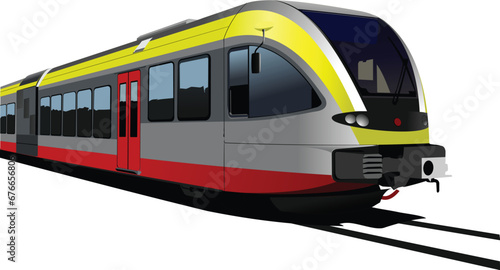 Gray-red-yellow modern speed bullet train. Fast suburban, subway, metro, commuter, hovercraft. Vector illustration.