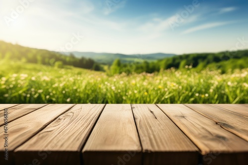 Empty wooden table natural green hill for product display background