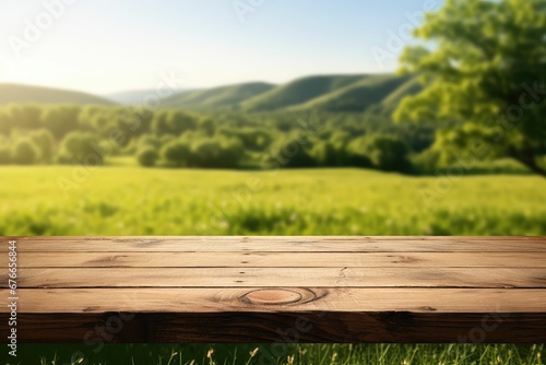 Empty wooden table natural green hill for product display background