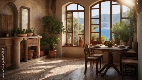Interior room. Mediterranean style decoration. Generative AI © CZALBERTO