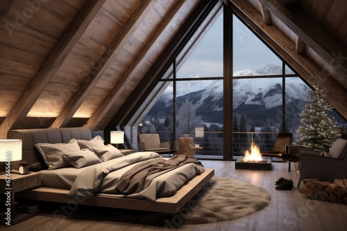 interior design of a modern bedroom in the attic of a mountain chalet © Salander Studio