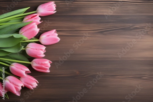 Pink Tulips on wooden table Spring Background with Copy Space Generative Ai