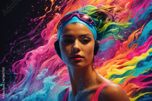 a young woman with a beautiful multicolored paint on her head in smoke. Olympic swimmer, champion