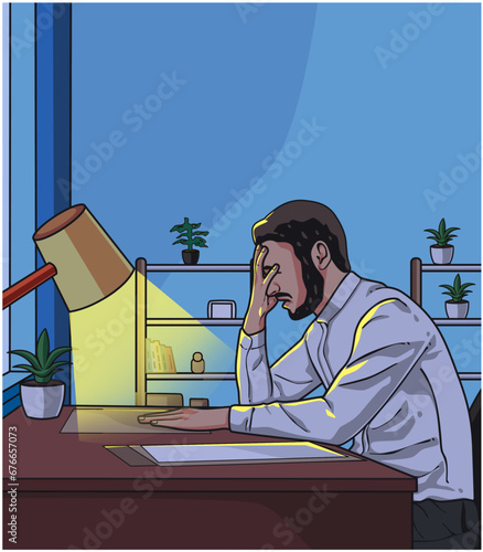 illustration of a man sitting at a desk and sad in his workroom at night with the lights on