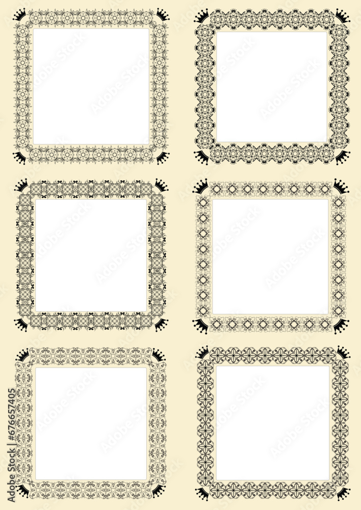 Collection of ornate vintage vector frames with sample text. Perfect as invitation or announcement. All pieces are separate. Easy to change colors and edit.