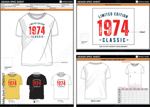 MEN BOYS REGULAR T SHIRT LIMITED EDITION 1974 STREETWEAR VECTOR DIGITAL DTG DTF HEAT TRANSFER STICKER T SHIRT TECHPACK MEASUREMENT LAYOUT TEMPLATE DESIGN