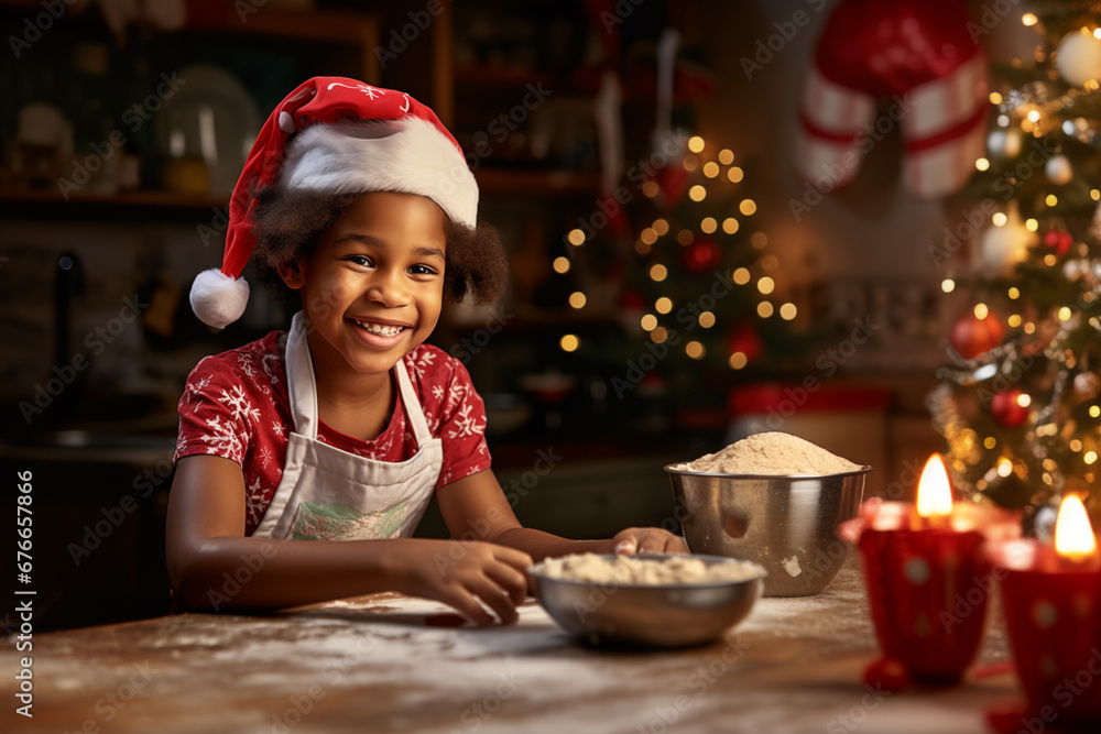 Portrait of an African American young girl with a red cap on her head who is about to prepare cookies before the Christmas holidays. Portrait of an African American young girl with a red cap on her head who is about to prepare cookies before the Christmas holidays.