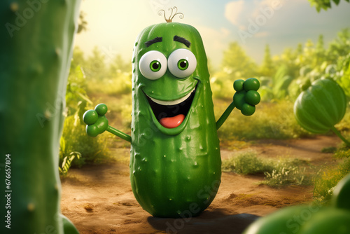 Cheerful animated green cucumber with a smile on his face in the vegetable garden.