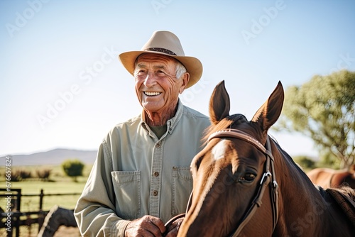 portrait of a smiling man in his 70's on his farm with his horse