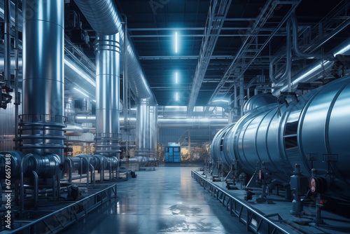Hydrogen power plant, large steel tanks and pipes inside a production workshop. photo