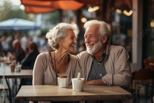 A nice elderly couple is sitting at a table in a street cafe, smiling and looking at each other