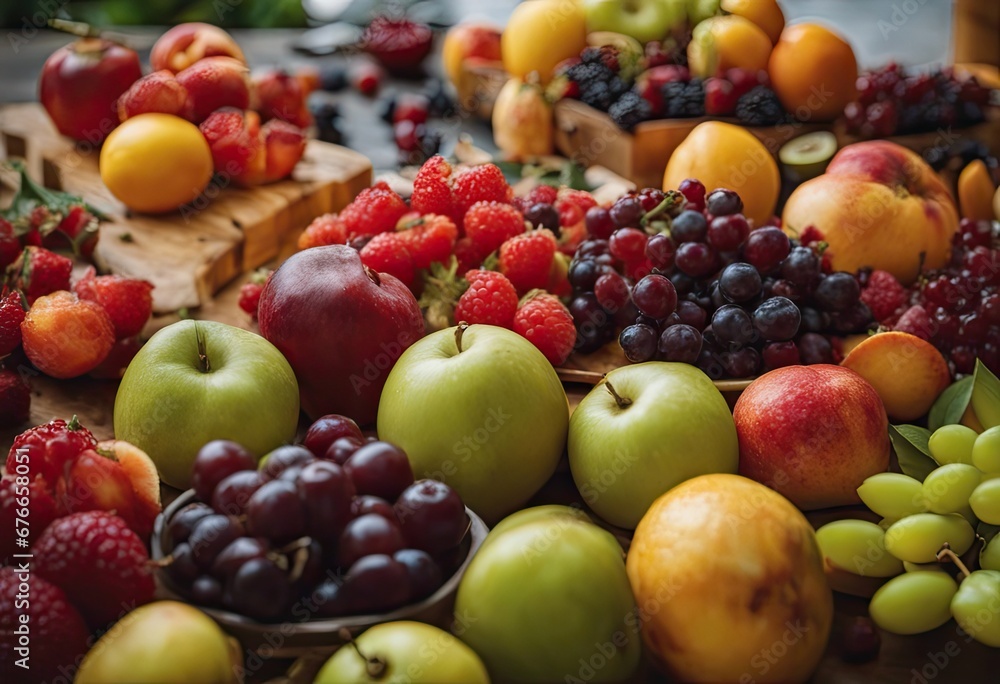 A table was covered with pictures of various fruits