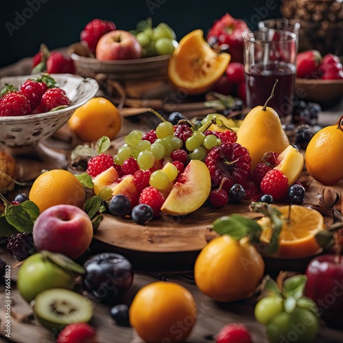 A table was covered with pictures of various fruits
