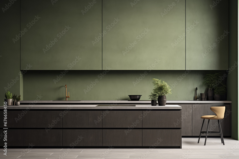 Obraz na płótnie AI generation. Sleek and modern, the dark kitchen exudes industrial flair and w salonie
