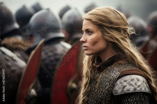 sideview portrait of a viking shieldmaiden/warrior standing infront of an army photo