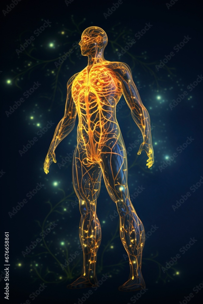 Illustrate the human lymphatic system within the context of a friendly and clean visual, incorporating it seamlessly into the contours of a human posture, generative ai Illustrate the human lymphatic system within the context of a friendly and clean visual, incorporating it seamlessly into the contours of a human posture, generative ai