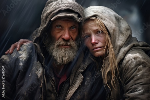 Homeless couple in rags on the street in the rain Generative Ai