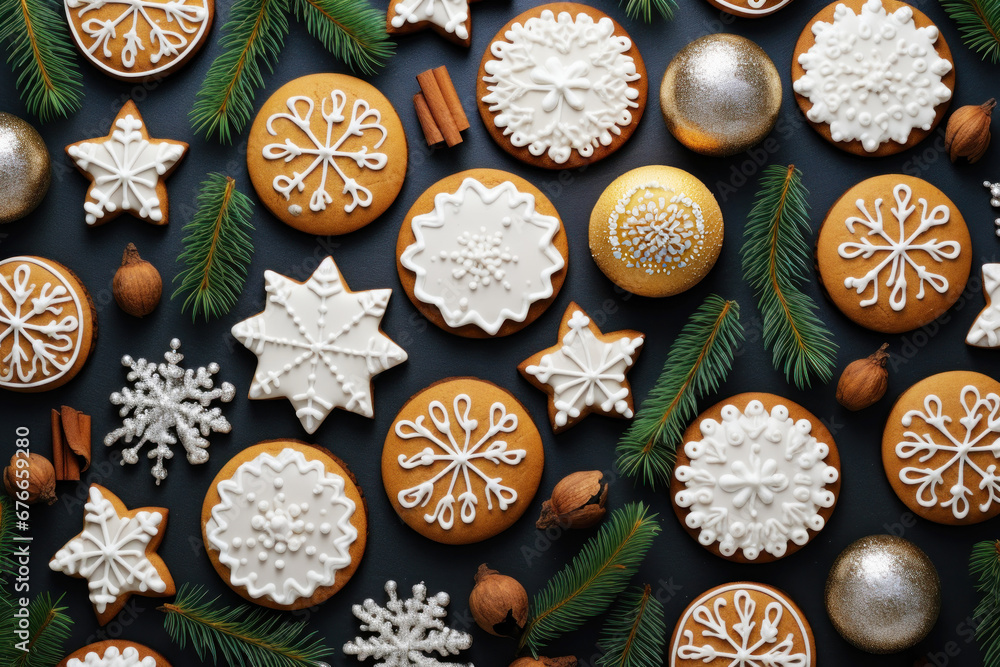 Christmas cookies and pine branches as a colorful Christmas background Christmas cookies and pine branches as a colorful Christmas background