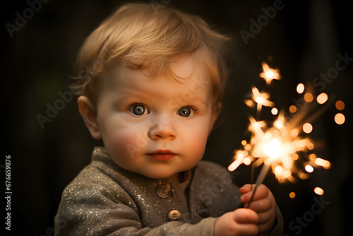 portrait of a cute baby with a sparkler