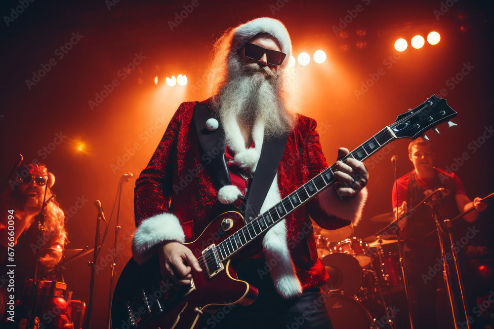 Obraz premium New Year's Party. New Year's Eve concert with Santa Claus and lively rock band