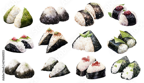 onigiri Japanese food watercolor illustration, generative AI photo