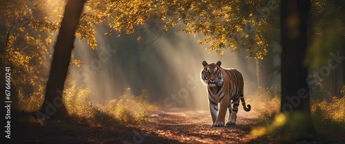a tiger with a bushy tail and black ears, walking on a dirt path through a forest with tall trees and colorful leaves, with rays of sunlight and mist creating a magical atmosphere, in the morning photo