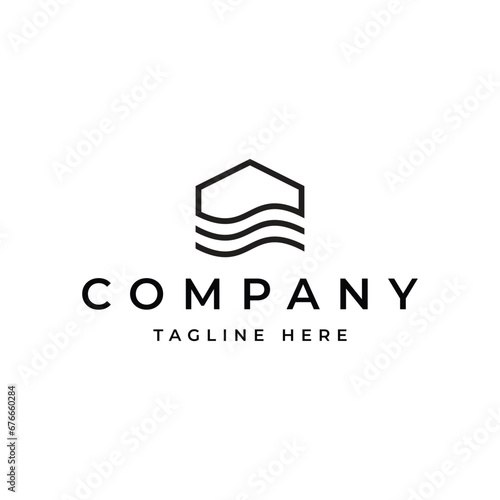 home with ocean wave line logo design