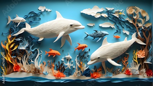 Bilde på lerret Arte de papel, contaminación del mar, delfines en un mar contaminado, basura en el mar, huella del hombre