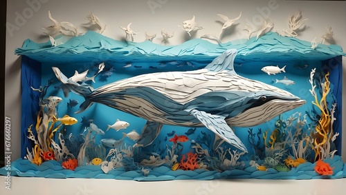 Arte de papel, contaminación del mar, delfines en un mar contaminado, basura en el mar, huella del hombre. Ecologia.