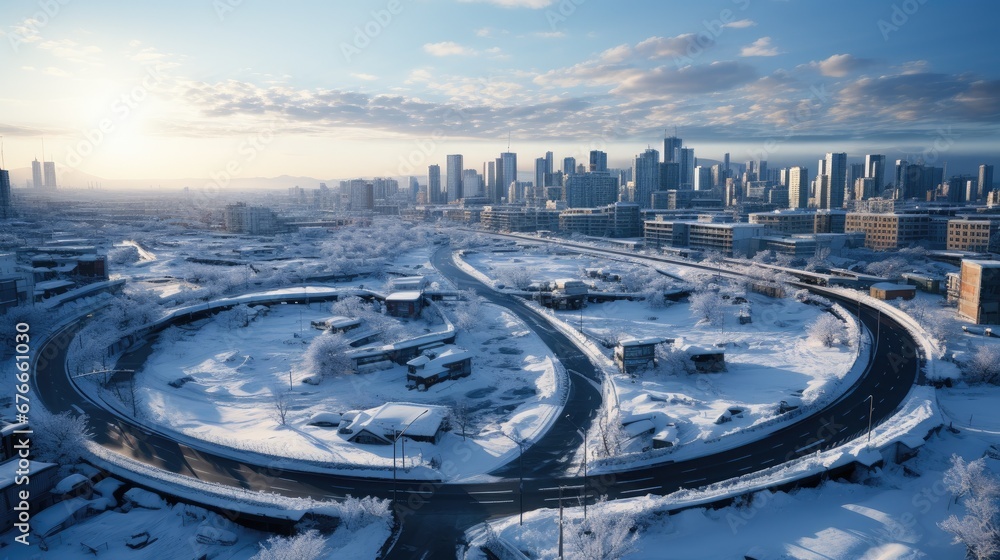 A winter cityscape, with snow-covered buildings and trees illuminated by a soft morning light. A winding road cuts through the landscape, leading towards a bustling downtown skyline