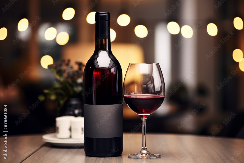 Template of bottle of red wine with wine glasses with red wine on table