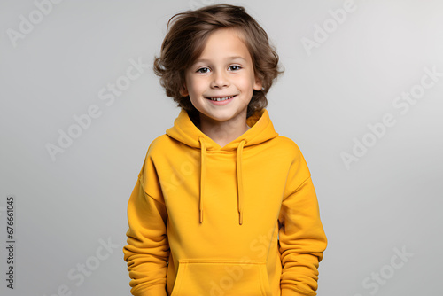 A Captivating Portrait of a Radiant Young Boy in His Yellow Hoodie, Overflowing with Delightful Happiness.
