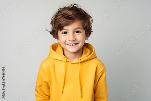 A Captivating Portrait of a Radiant Young Boy in His Yellow Hoodie, Overflowing with Delightful Happiness.