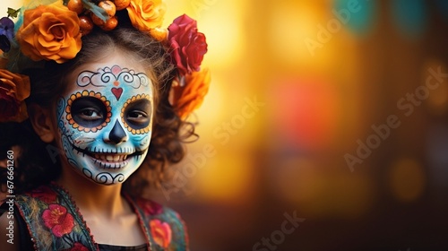 Little Girl with skull makeup, Mexican tradition of celebrating the Day of the Dead, Cultural festivity