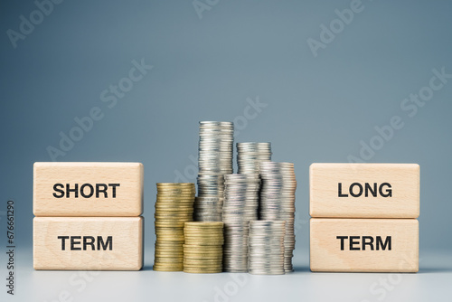 Photos Short term and long term financing concept, investment decision, loans, and debt
