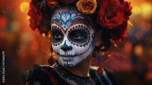Little Girl with skull makeup, Mexican tradition of celebrating the Day of the Dead, Cultural heritage