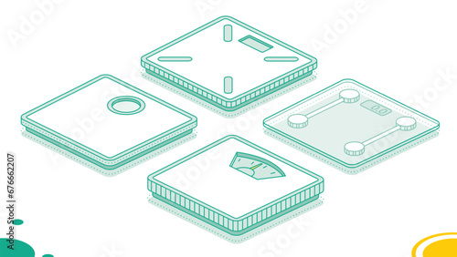Analog and digital body weight scale set. Mechanical scale. Isometric outline object isolated on white background. Icon for web.