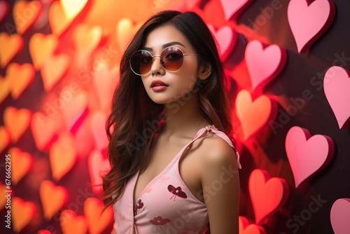 Valentine s day. Portrait of beautiful young Asian woman in sunglasses on red background with hearts.