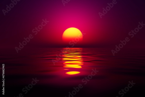 Bright red sunset in synthwave style over the surface of the water.