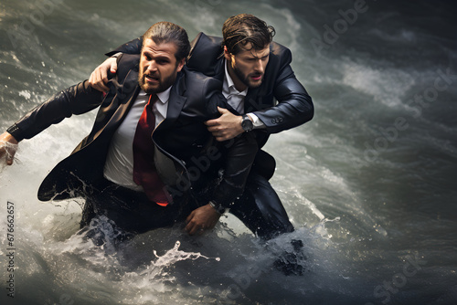 businessman saving his colleague from drowning in river