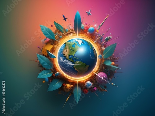 earth planet with buildings and leaves around it, blank background, for design, isolated, human effect concept 