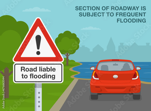 Safe driving tips and traffic regulation rules. Back view of a car on a flooded road. Close-up of a "Road liable to flooding" warning sign. Flat vector illustration template.