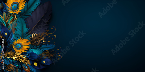 3D Frame with Dark Blue Texture and Gilded Golden and Blue  Leaves with blue background generative AI photo