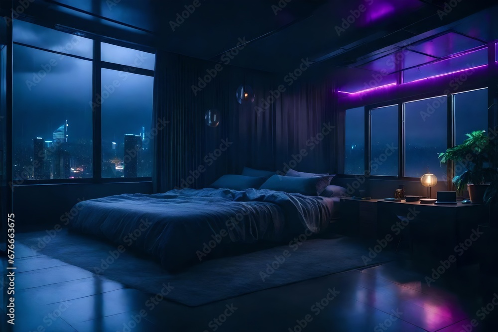 beautiful cozy bedroom with floor to ceiling glass windows overlooking a cyberpunk city at night, thunderstorm outside with torrential rain, detailed, high resolution, photorrealistic, dark, gloomy, m