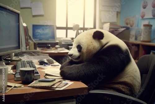 Photo Panda being lazy in the office, Generative AI photo