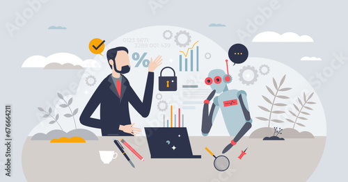 AI collaboration and artificial intelligence for business tiny person concept. Financial advice, calculations or consulting robot as support for businessman vector illustration. Tech collaboration.