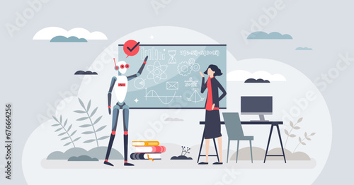 AI collaboration and artificial intelligence for teaching tiny person concept. Innovative school solutions with high tech technology vector illustration. Learning process with robots assistance.