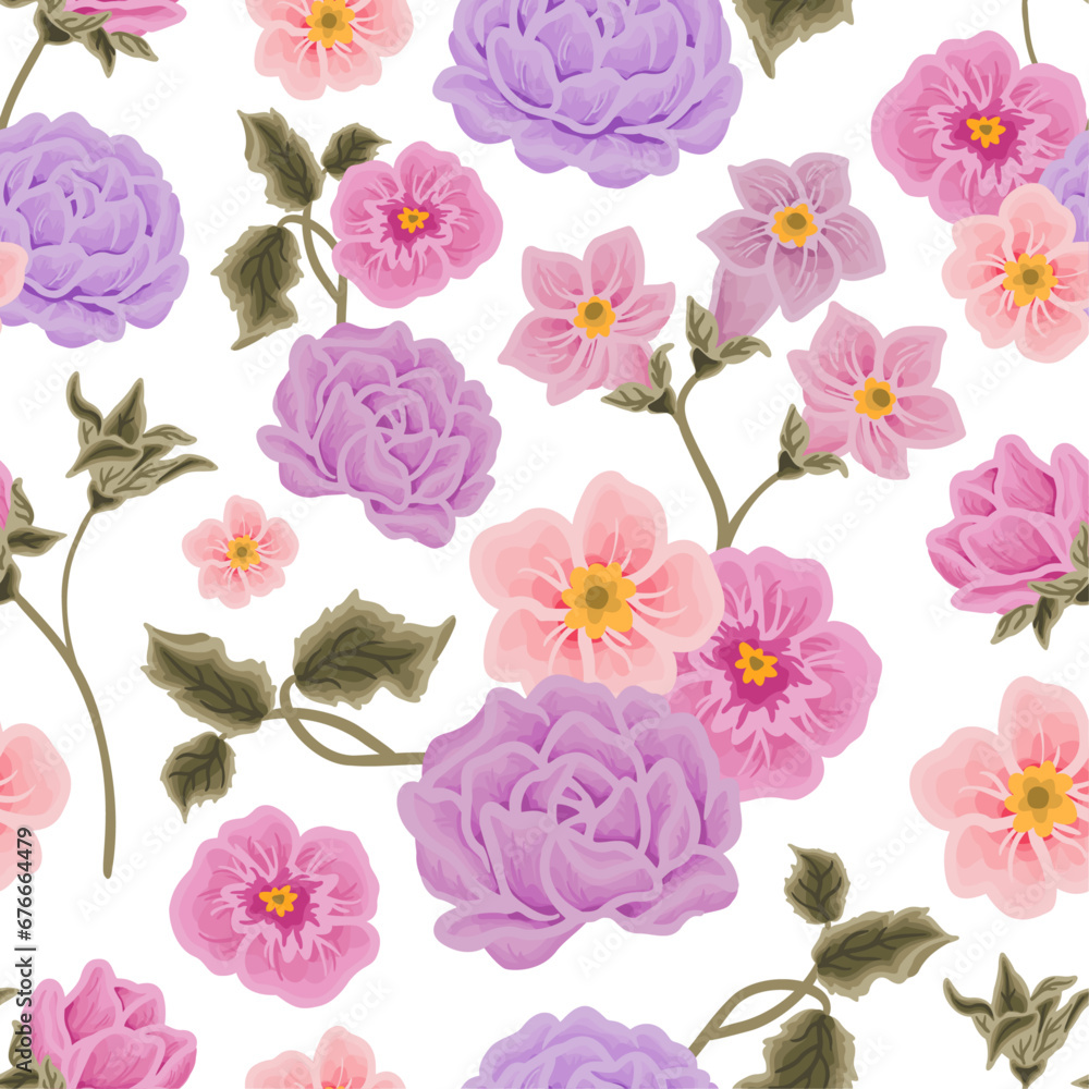 Vintage violet flower repeat pattern illustration with purple rose, peony, daisy, floral bud, wildflowers, and green leaf branch elements