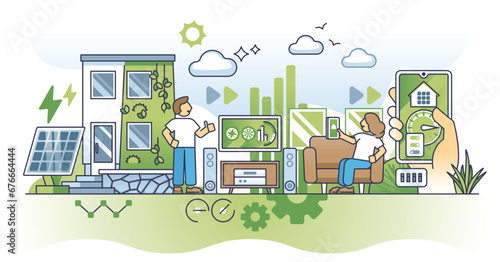 Smart home revolution and house gadgets or climate control outline concept. Wireless appliances monitoring and modern IOT systems for smart and effective resources consumption vector illustration.